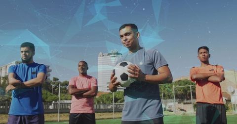Team of Soccer Players with Futuristic Network Overlay on Field
