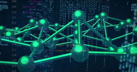 Futuristic neon network and code grid concept