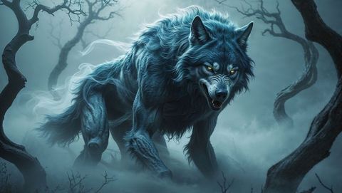 Mythical werewolf creature stalking foggy forest at night