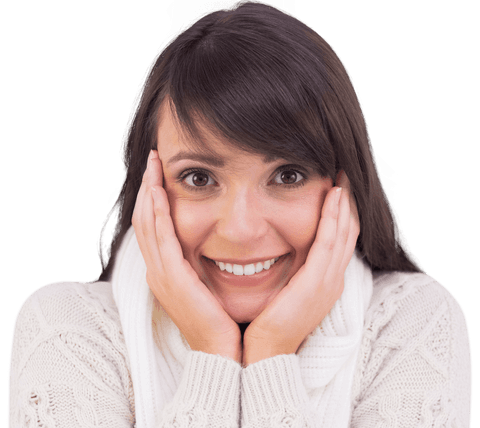 Brunette woman smiling in warm winter hold