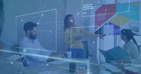 Modern Office Presentation with Futuristic Digital Overlays