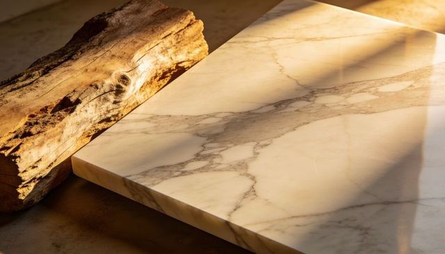 Polished calacatta marble slab reflecting golden sunlight with driftwood and texture