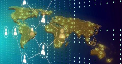 Glowing global digital network map with connected user nodes and data visualization