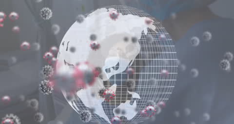 Rotating Globe with Virus Particles in Futuristic Grid