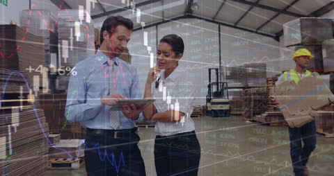Warehouse Workers Analyzing Financial Data Overlay