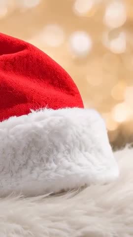 Vertical Christmas video revealing red Santa hat on white fur with warm bokeh, copy space