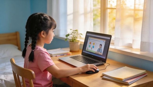 Studying asian girl at sunlit desk using laptop for remote learning and homework