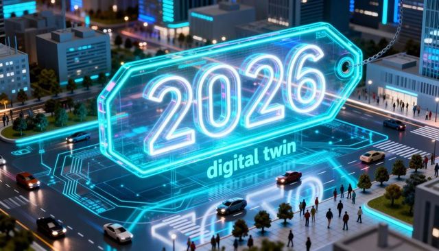 Hovering hologram tag 2026 over futuristic smart city intersection with neon circuit overlay