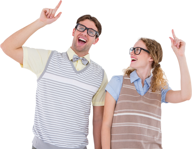 Geeky Hipster Couple Pointing Up Towards a Transparent Overlay - Download Free Stock Videos Pikwizard.com