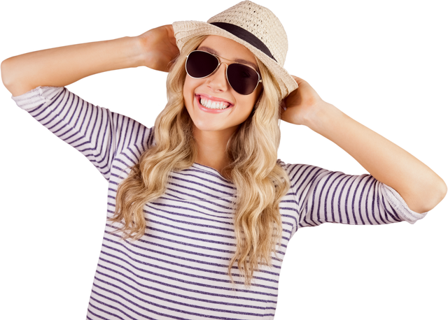 Woman Smiling with Sunhat and Sunglasses on Transparent Background - Download Free Stock Videos Pikwizard.com