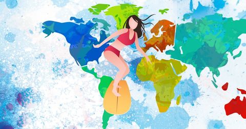 Colorful Illustration of Woman Surfing across World Map - Download Free Stock Images Pikwizard.com