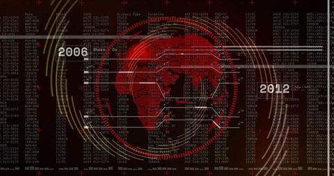 Rotating Red Globe with Concentric Data Rings and Futuristic Network Interface