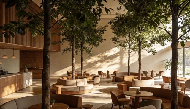 Modern biophilic lounge featuring circular sofas, interior trees and warm natural light
