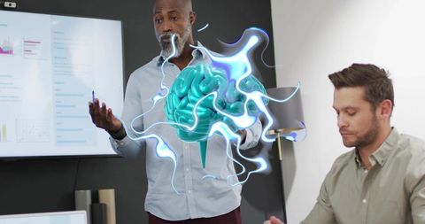 Executive presenting 3d brain hologram during corporate meeting for innovation strategy