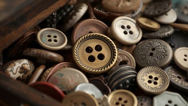 Showcasing ornate brass button among vintage assorted sewing buttons in wooden compartment