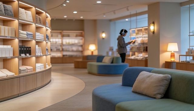 Shopper browsing minimalist homegoods boutique with curved wood shelving, soft seating