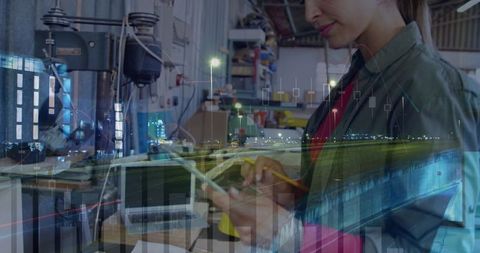 Businesswoman Using Tablet with Financial Overlay - Download Free Stock Images Pikwizard.com
