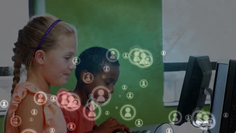 Diverse Schoolchildren Using Computers with Digital Connections Overlay