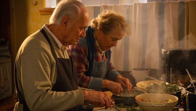 Senior couple preparing dinner together in cozy kitchen, chopping herbs and stirring pots