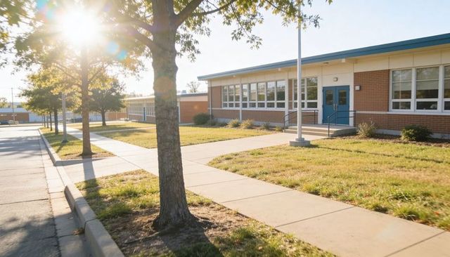 Sunlight streaming across empty single-story brick school campus with blue entry doors