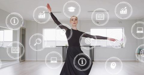 Contemporary ballerina performing graceful pose in studio with digital icons overlay