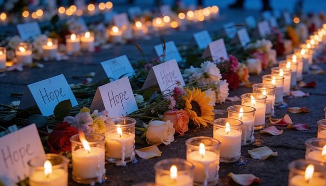 Candlelight vigil glowing at dusk, hope cards and flowers lining plaza, memorial tribute