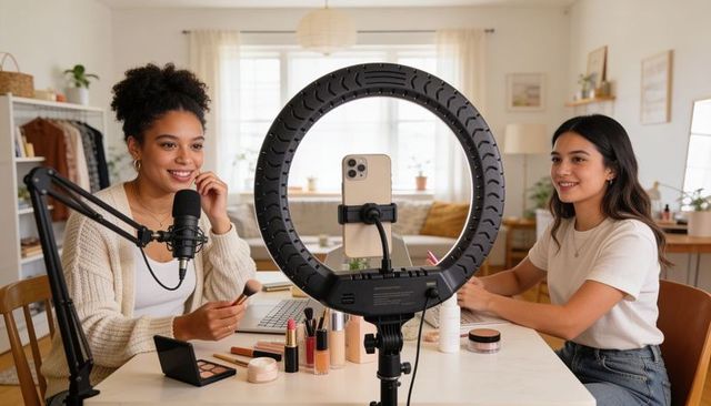 Two women filming collaborative at-home makeup tutorial with ring light and smartphone