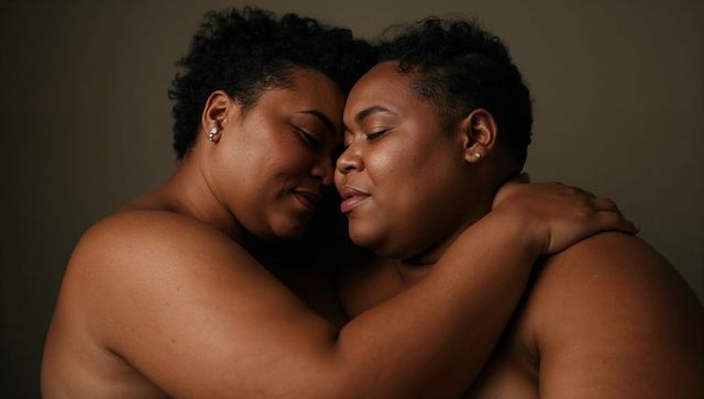 Black couple embracing closely celebrating intimacy and body positivity
