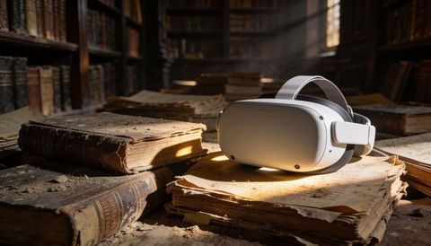 White vr headset resting on dusty antique books blending virtual reality and heritage