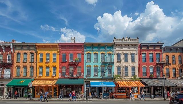 Colorful row of historic commercial facades featuring cafes, awnings and pedestrians