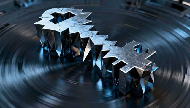 Spinning faceted metal key rotating on grooved turntable with chrome reflections and scuffs