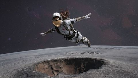 Woman astronaut floating above lunar crater with gold visor and flowing hair