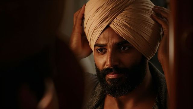 Bearded indian man adjusting cream turban at vanity mirror in warm moody portrait lighting