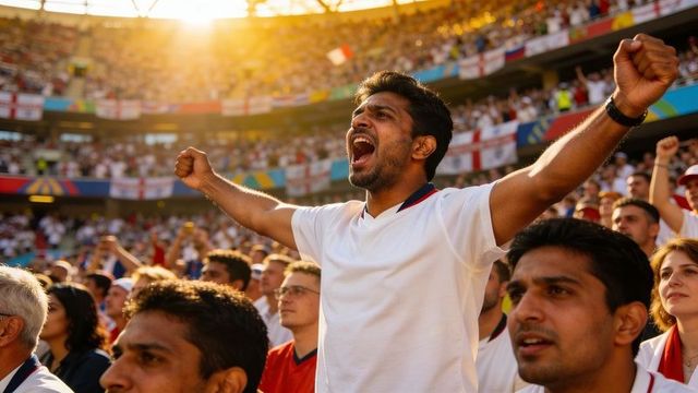 Stadium fan cheering, raising arms and shouting in packed arena during golden hour