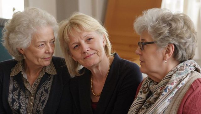 Senior women sharing warm conversation in cozy living room, friendship and support