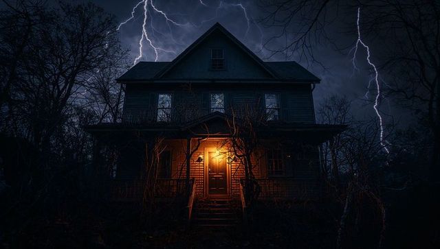 Mysterious Lit House During Stormy Night