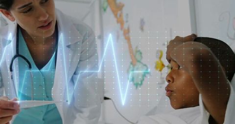 Doctor consulting child in hospital with ecg overlay illustrating health monitoring