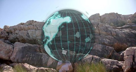 Futuristic Globe Overlay on Rocky Hillside Adventure