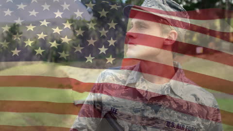 Proud Young Soldier Overlap with American Flag