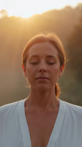Vertical video of woman doing mindful breathing and meditation at sunrise with sun halo