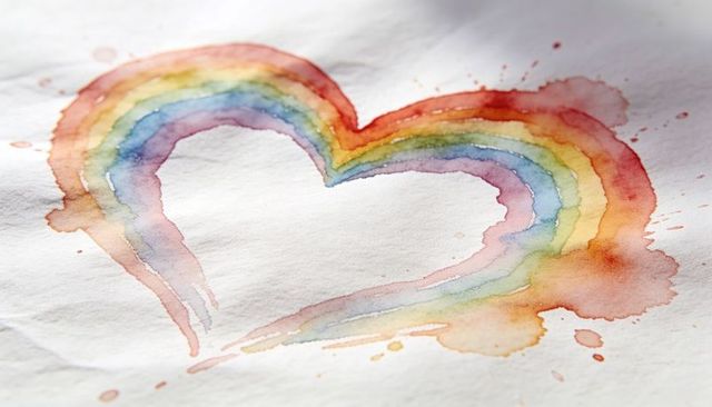 Rainbow heart watercolor painting on textured paper with soft washes, bleeds and splatters