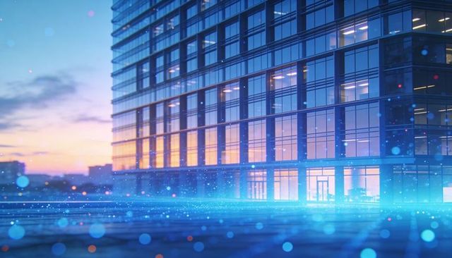 Reflecting glass office tower glowing at dusk over downtown plaza with blue bokeh lights
