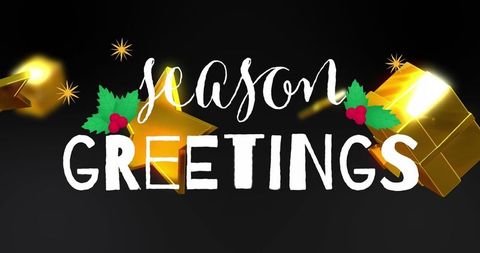 Seasonal Greetings Digital Card with Gold Gift Boxes and Holly