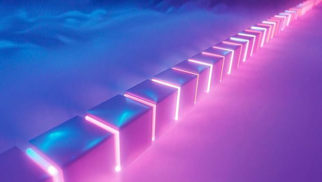 Glowing neon chessboard grid in futuristic digital space