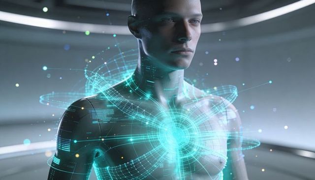 Bare-chested android standing and receiving cyan holographic chest scan for diagnostics