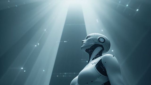 Futuristic humanoid robot gazing upward under light beams in high-tech monolithic chamber