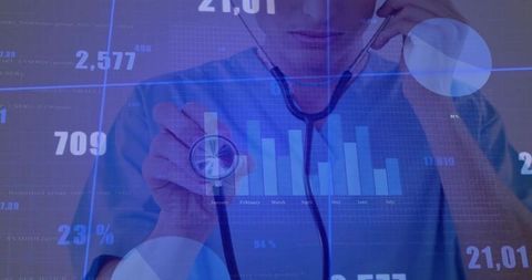 Medical Professional Analyzing Digital Bar Chart data with Stethoscope