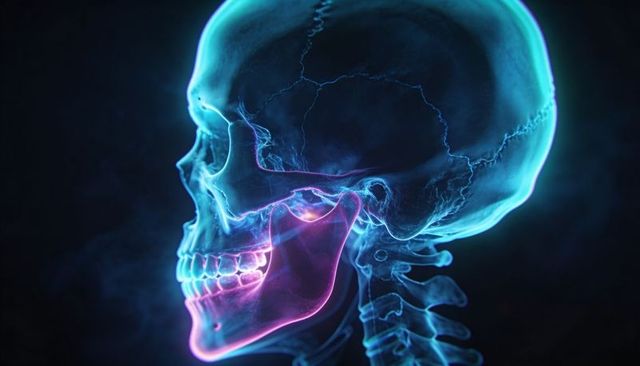 Neon translucent skull glowing with highlighted jaw joint and cervical spine anatomy