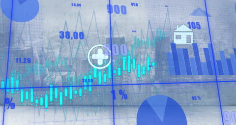 Digital Representation of Financial Data with Blue Graphs and Icons