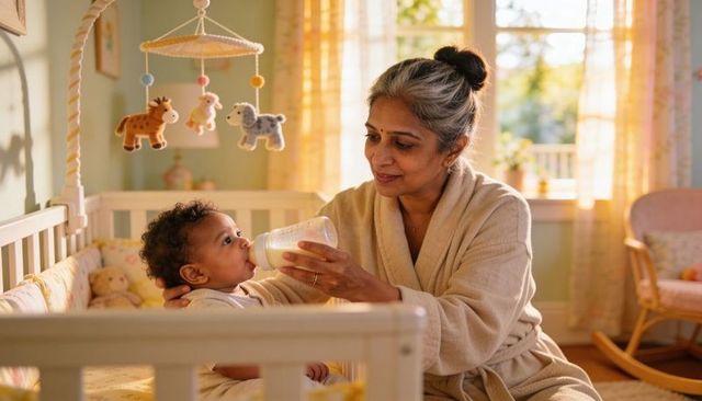 Senior woman feeding infant bottle in sunlit nursery, grandparent nurturing moment